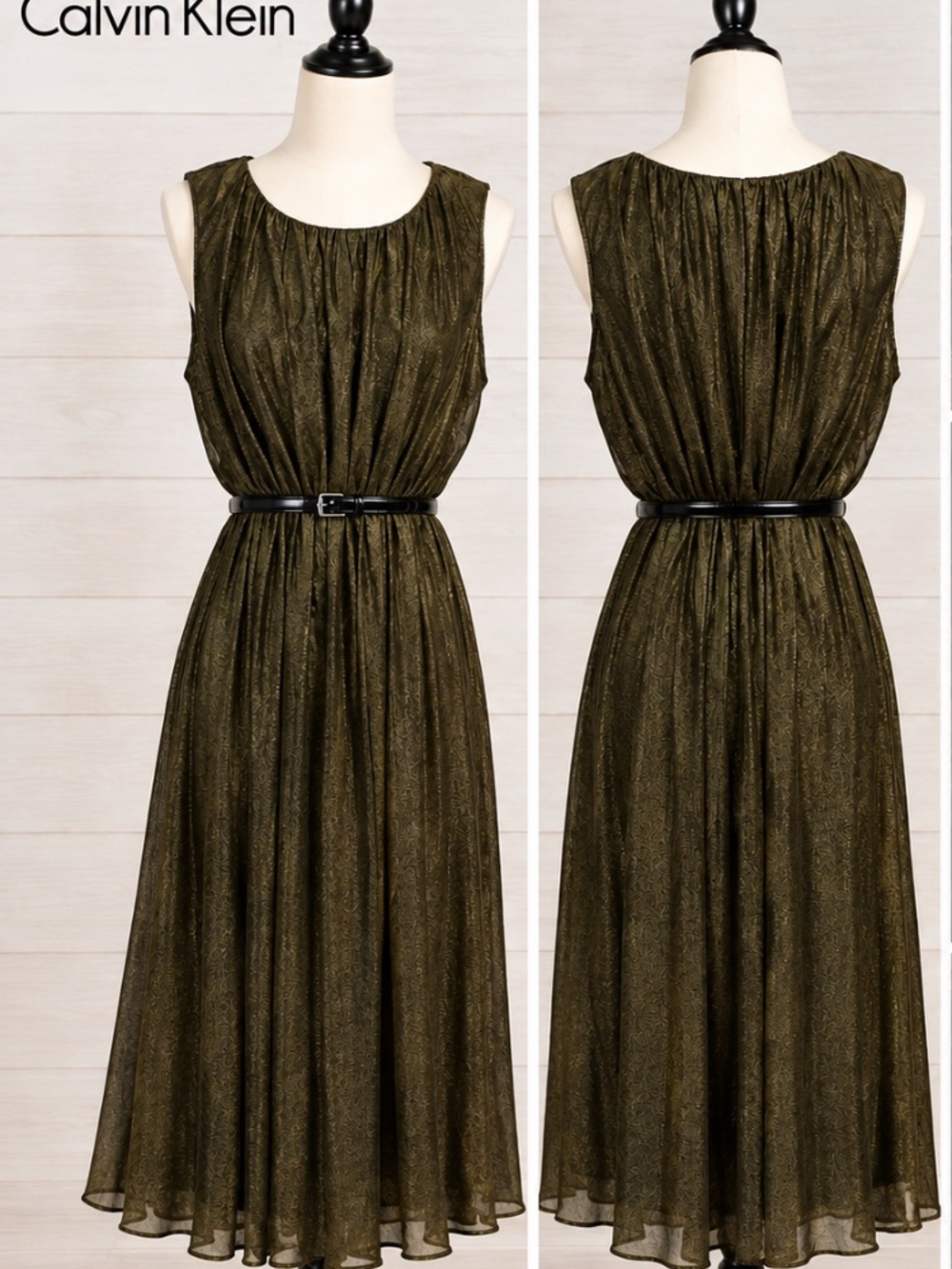 Calvin Klein Olive Metallic-Thread Sleeveless Midi Dress